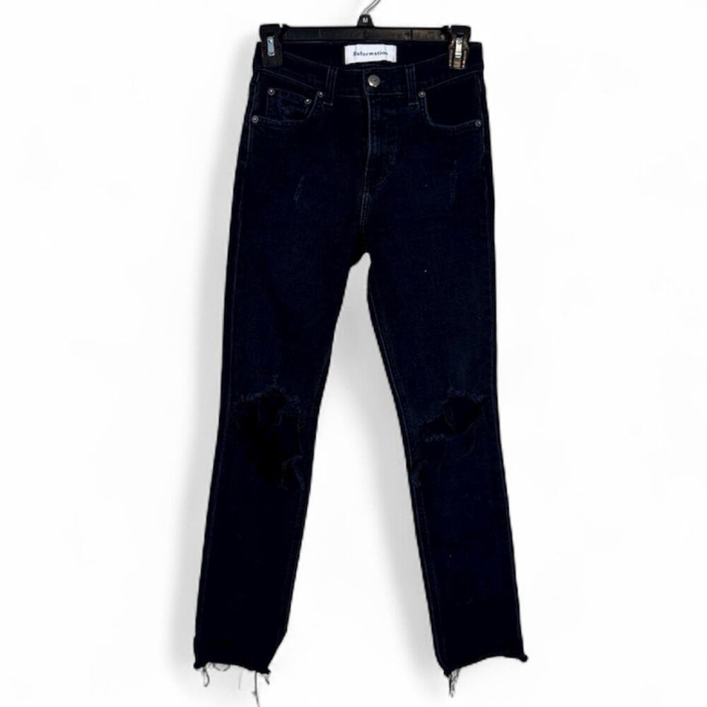 Reformation Black High Rise Skinny Jeans Womens 24 Distressed Raw Hem Classic